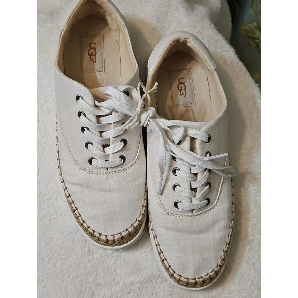 UGG EYAN II WHITE WALL CANVAS LACE-UP SNEAKERS BOAT SHOES Sz 10 EUC